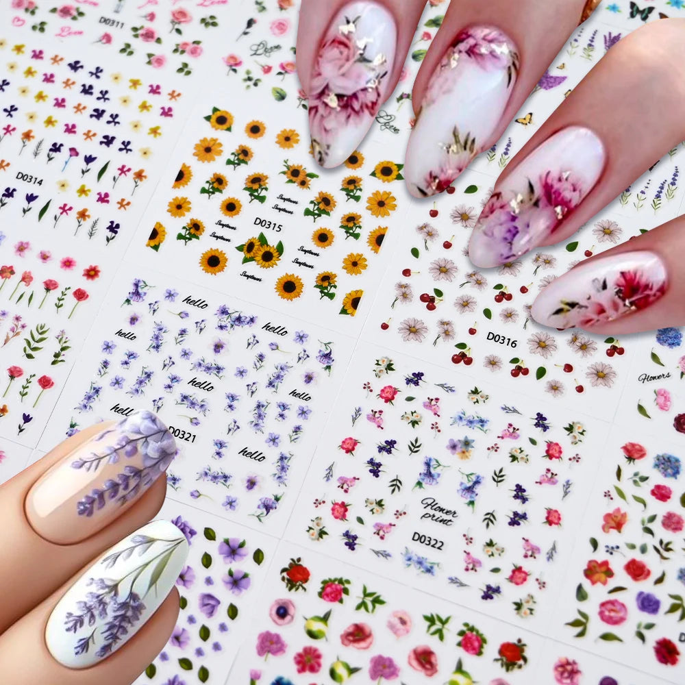 30Pcs/set Colorful Butterfly/Flowers Nail Stickers Kawaii Cute Mini Rose/Lavender/Sunflower Nail Decal DIY Adhesive Nail Floret