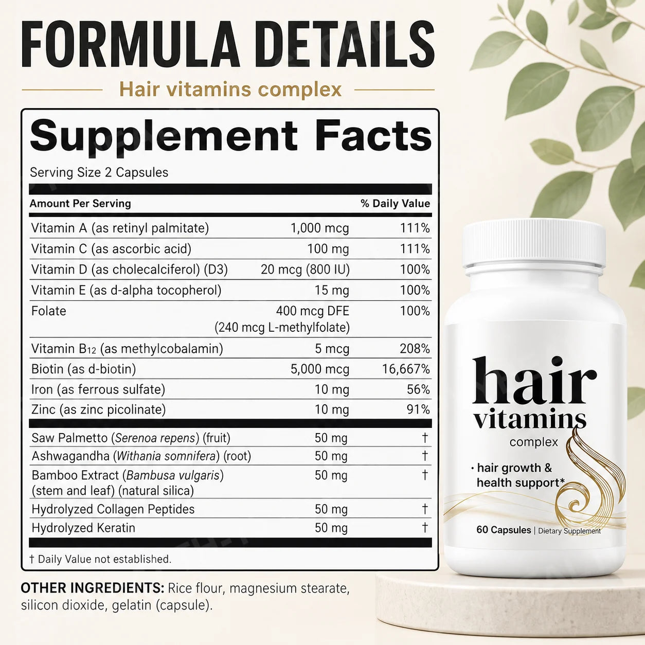 Hair Growth Vitamins for Women & Men, 14-in-1 Biotin Collagen Keratin Complex, Thicker Fuller-Looking Hair Routine, 60 Capsules
