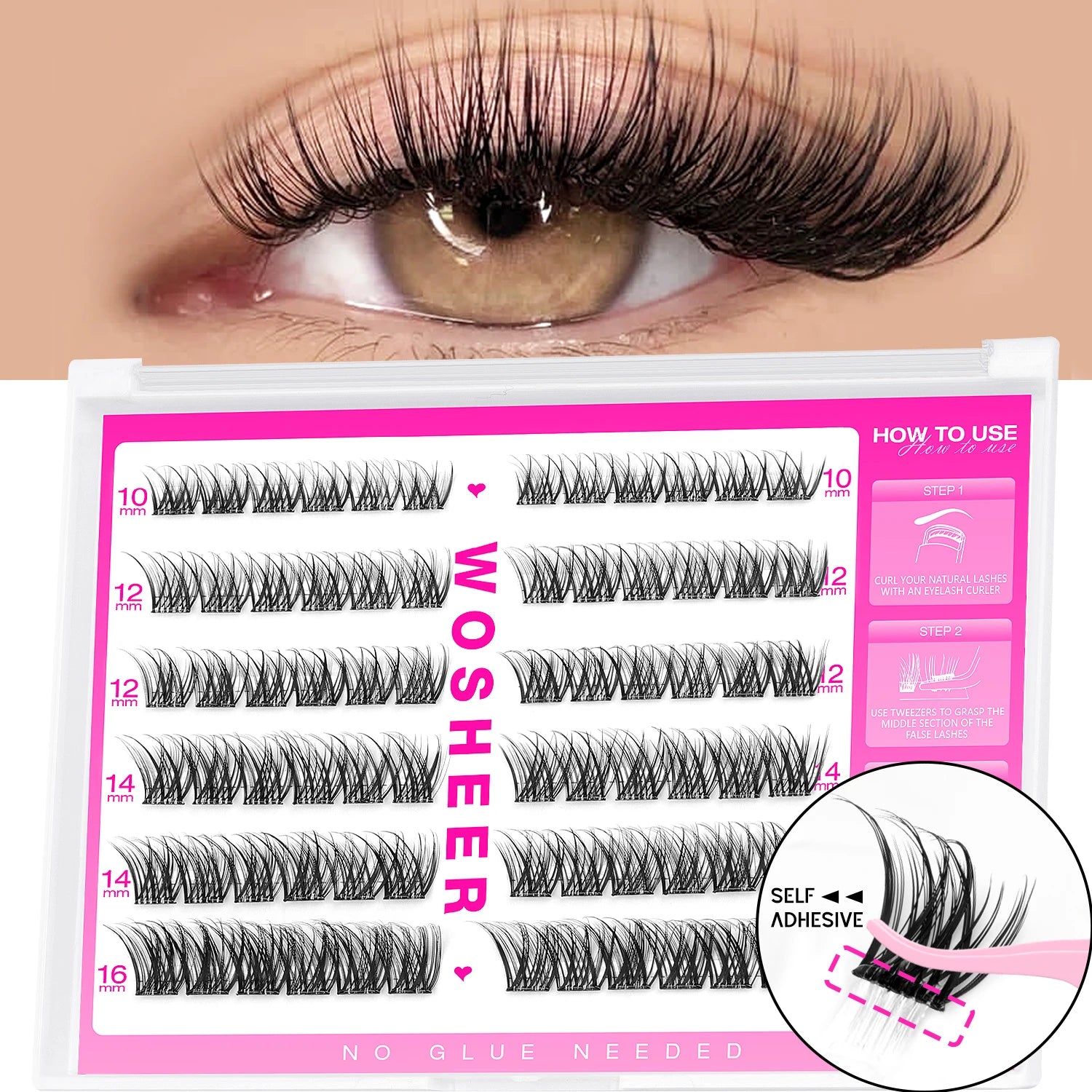 WOSHEER Self Adhesive Lash Clusters Pre Glued Eyelash Clusters No Glue Needed Lashes Wispy Eyelash Extensions Individual Lashes