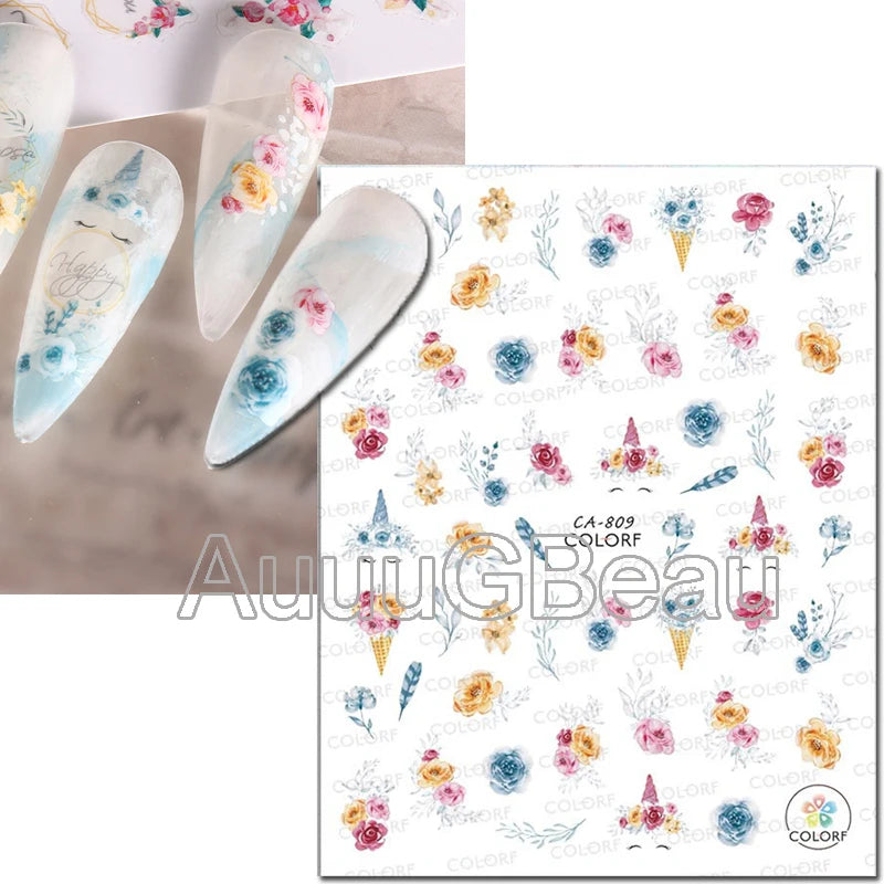 3d Nail Art Decals Geometric Lines Daisy Sunflowers Letters Adhesive Sliders Nail Stickers Decoration For Manicure