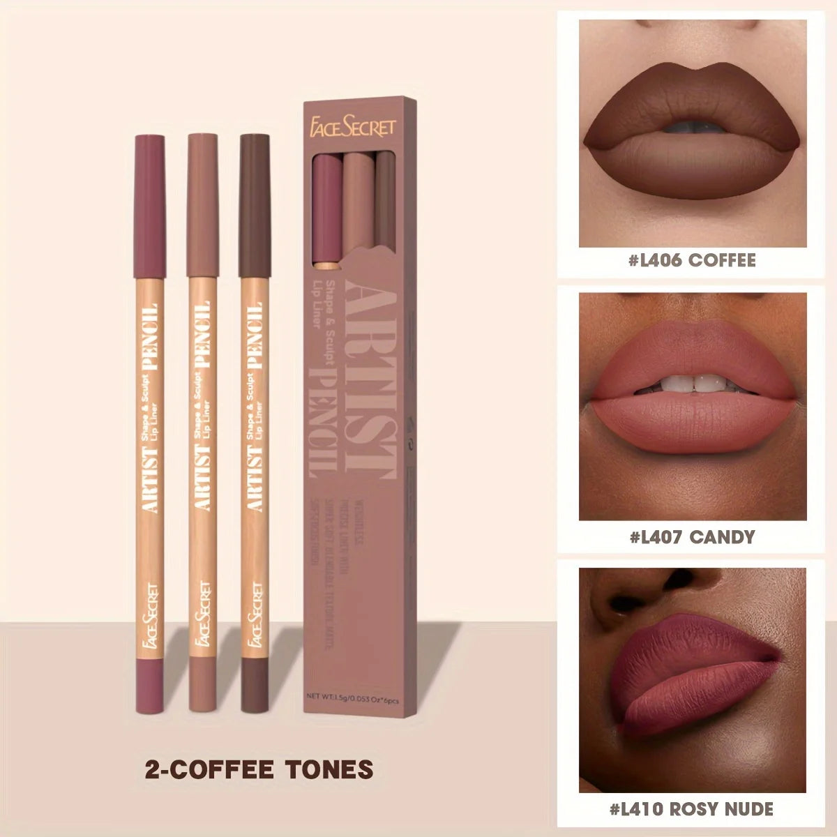 Face Secret 3pcs Set Nude Lip Liner, Natural Matte,Long-Lasting Waterproof,High Pigmented Hook Line Lip Pencil Makeup