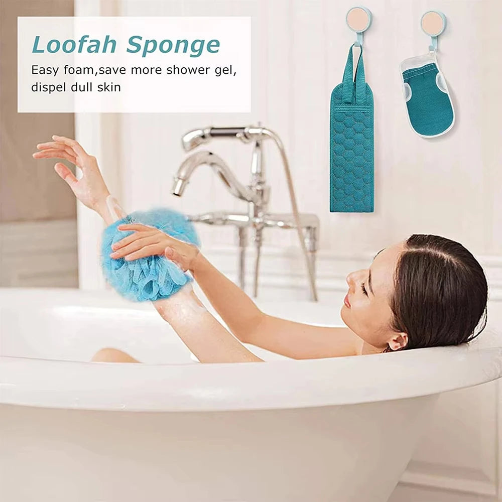 Exfoliating Body Scrubber Set with Back Scrubber Bath Glove And Shower Sponge Loofah for Deep Cleaning And Hygiene