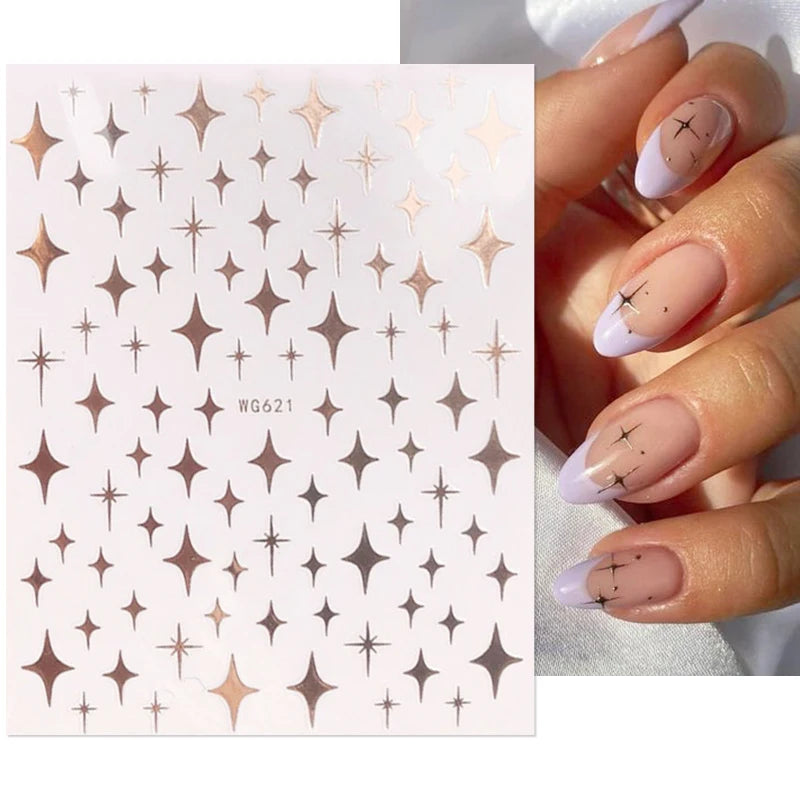 Shiny Gold Star Moon Sun Nail Stickers for Manicure Accessories Heart Feather Animals Printing Self Adhesive Nail Wrap