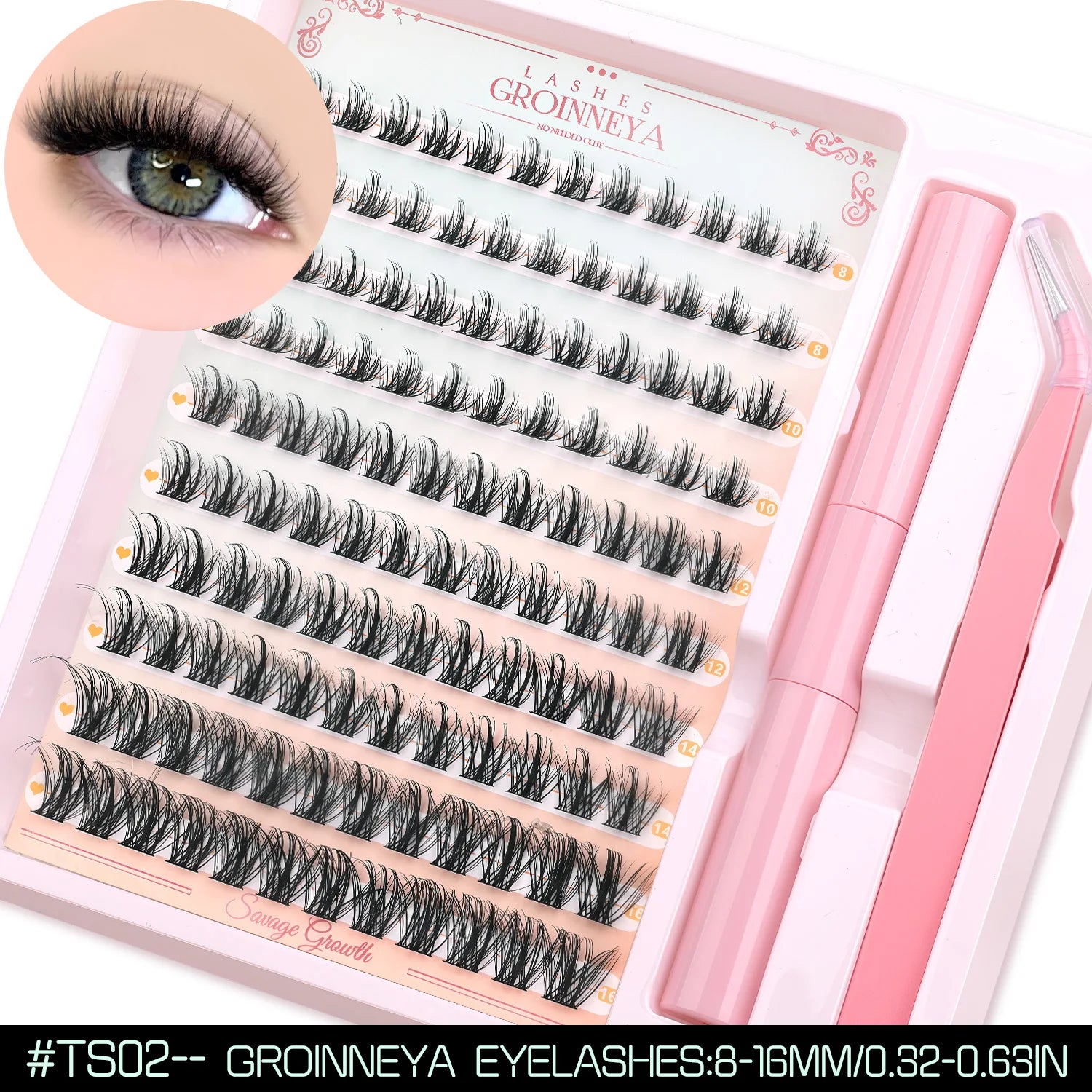 GROINNEYA Fluffy Lash Clusters Kit With Waterproof Strong Hold DIY Lash Extension Kit Lash Bond & Seal & Eyelash Tweezers Makeup