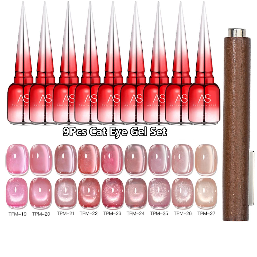 AS 9pcs Cat Eye Magnetic Moonlight Gel Nail Polish Set 15ml Sparkle White Silver Water Light Red UV Gel Nail Art Manicure Vernis