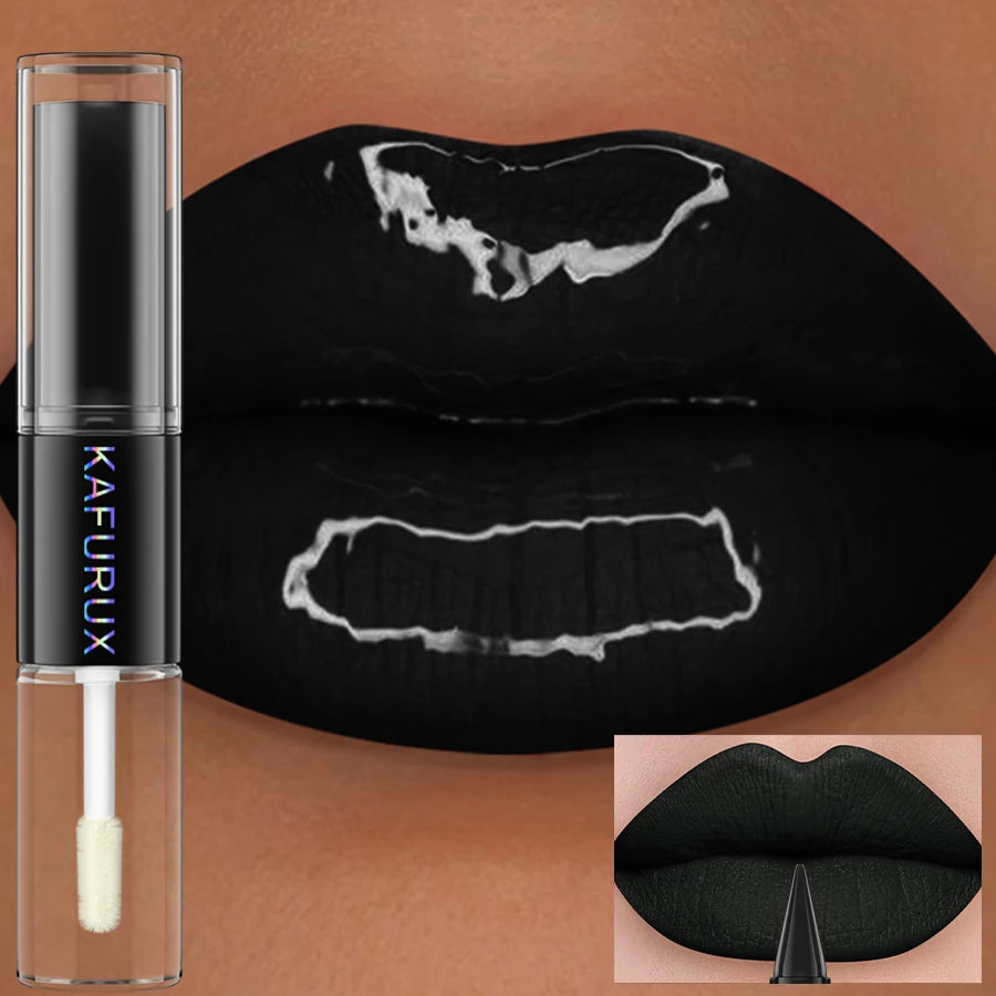 Black Matte 2 In 1  Double Head Lipstick Lip Coat Set Waterproof Coat 24HR Korean Makeup Gifts High Pigment Lip Tint Plumper