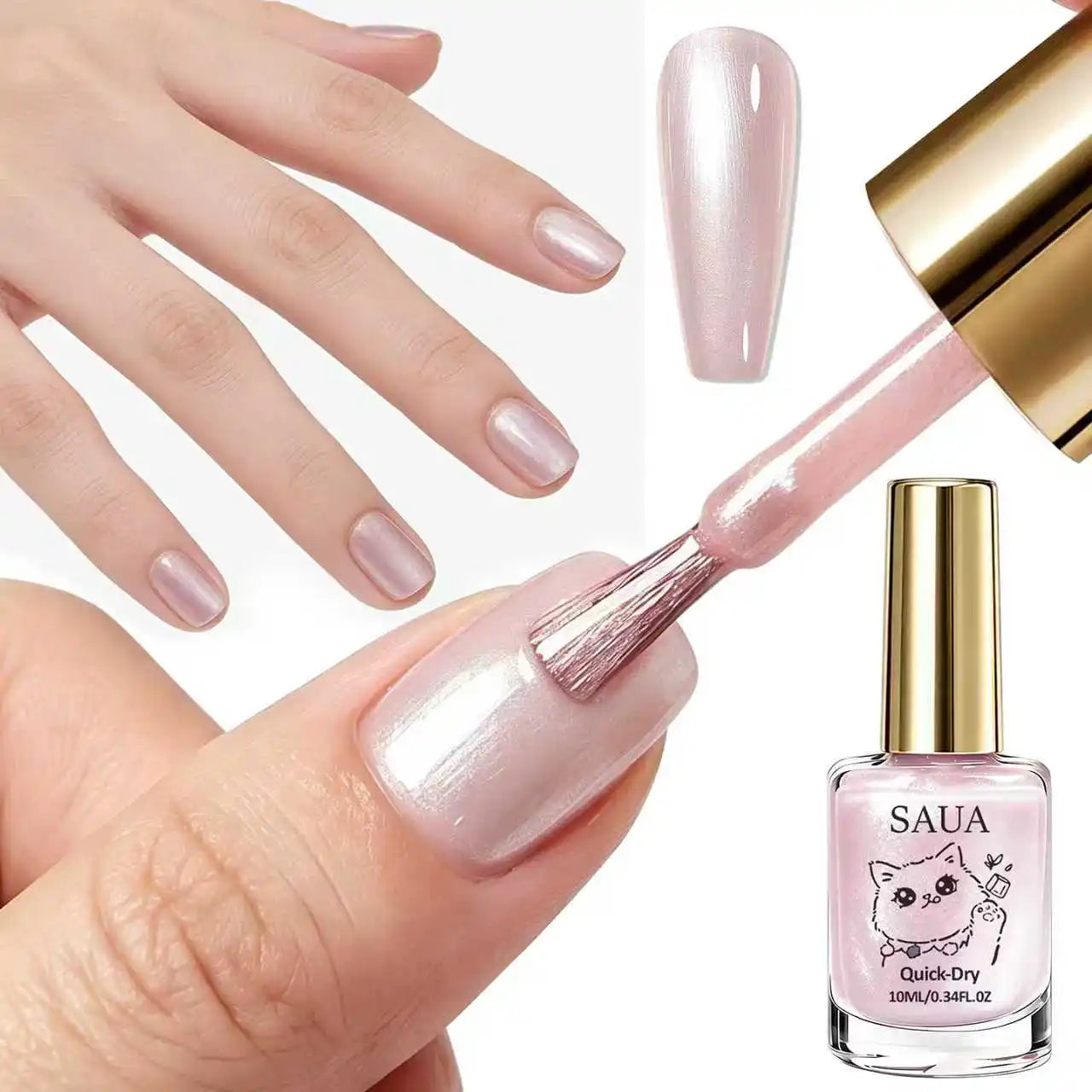Pink Pearlescent Nail Polish; Quick-Drying, No Lamp Required, Long-Lasting Formula; Adds a Pearly Sheen and Brightens the Nail S