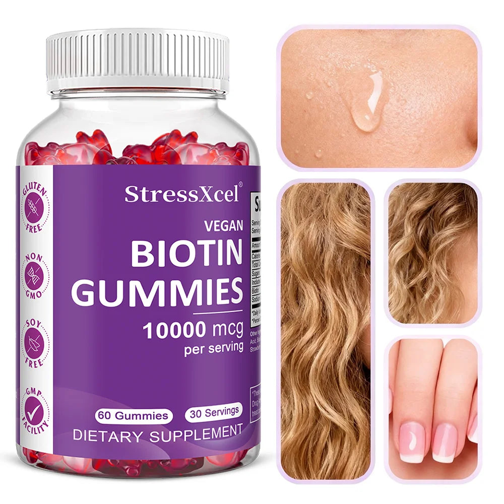 Hair, Skin & Nails Gummies - with Biotin - Promotes Hair Growth, Nourishes Skin, Strengthens Nails, Non-GMO, Strawberry Flavor