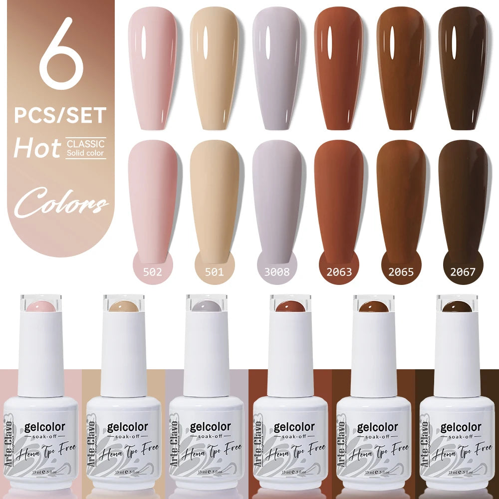 Arte Clavo 15ml Gel Polish Set 6PCS HEMA TPO Free Soak Off UV LED Nail Varnish Kit Long Lasting Manicure Gel for Nail Art Salon