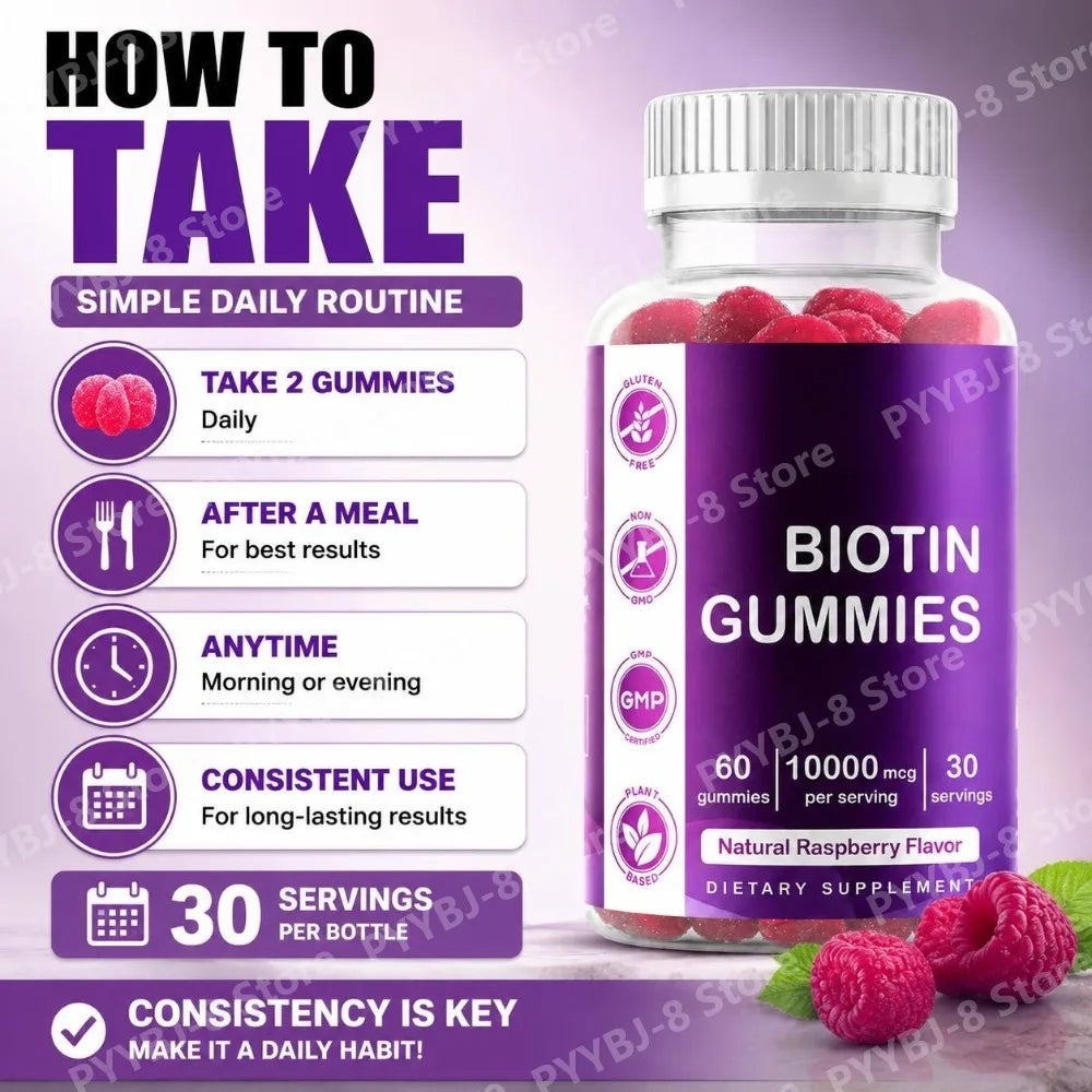 Biotin Gummies with Vitamin Vegan Gluten Free Soy Free Natural Raspberry Flavor Support Hair, Nail, and Skin Health 60 Gummies
