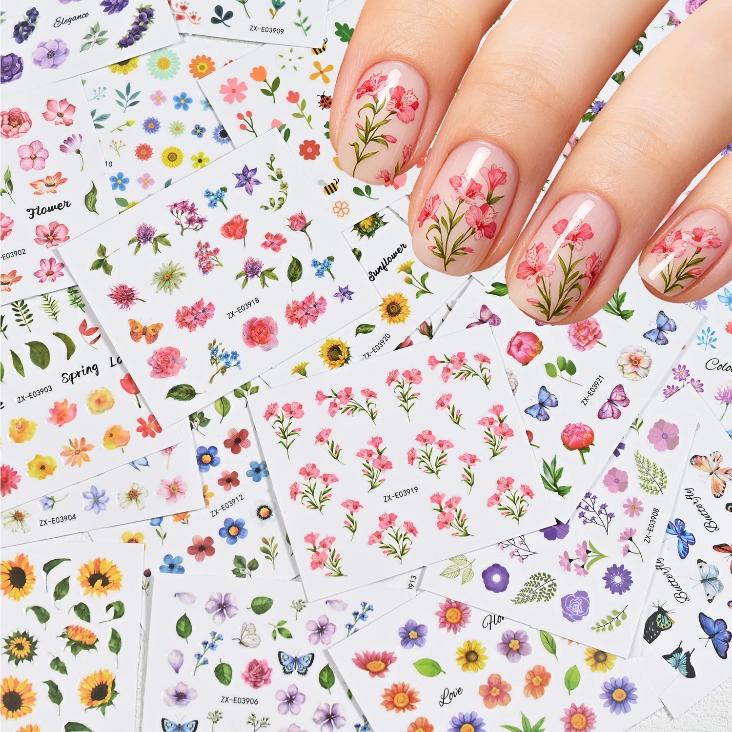 30PCS Spring Butterfly Floral Nail Art Stickers 3D Cute Sunflower Rose Cherry Blossom Adhesive Nail Decals Summer  Nail Sliders