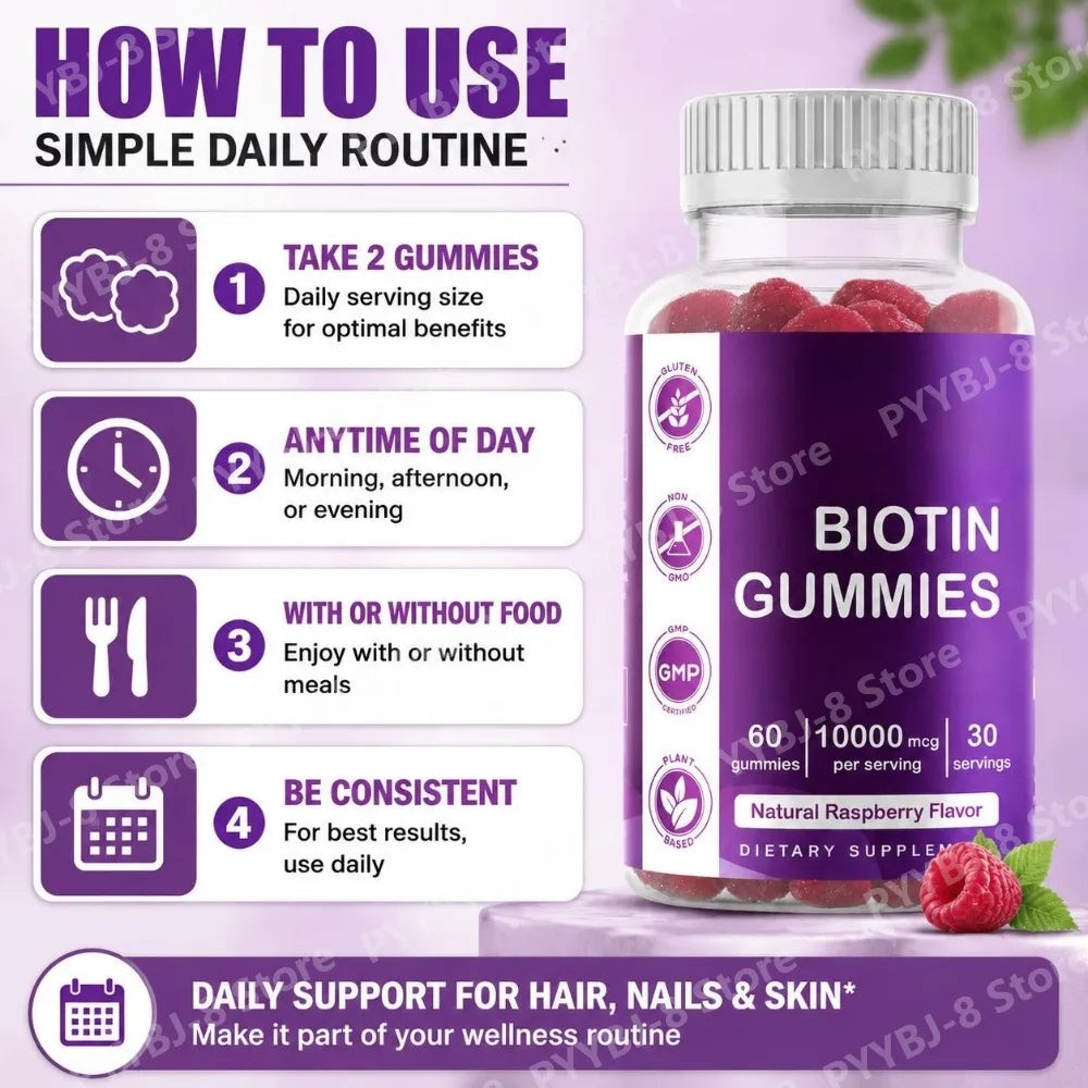 Biotin Gummies with Vitamin Vegan Gluten Free Soy Free Natural Raspberry Flavor Support Hair, Nail, and Skin Health 60 Gummies