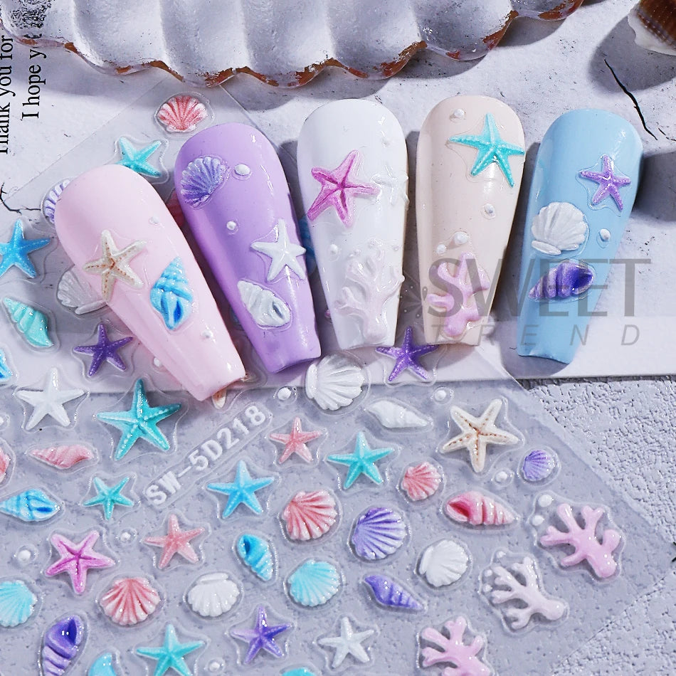 2pcs Ocean Animals Nail Art Stickers 5D Embossed Starfish Seashell Conch Coral Nail Decals DIY Summer Manicure Decoration Slider