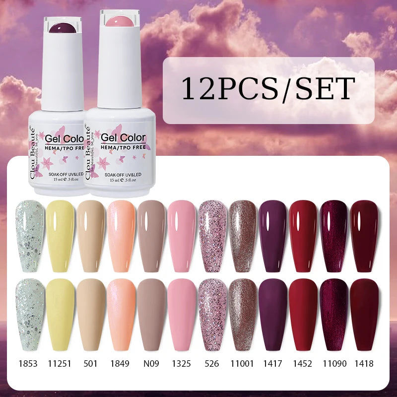 Clou Beaute 12pcs Gel Nail Polish Manicure Set Color 15ml White Glass Bottle Nail Art Kit Vernis Semi Permanent Nail Art Varnish