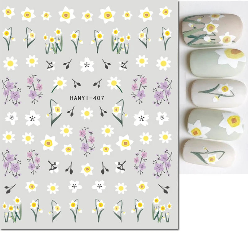 3d Nail Art Decals Geometric Lines Daisy Sunflowers Letters Adhesive Sliders Nail Stickers Decoration For Manicure