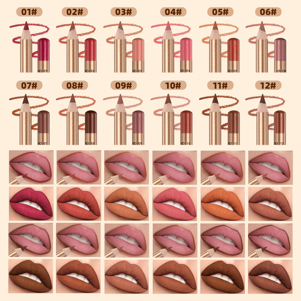QIBEST 12 Colors Lip Pencils Matte Lipliner Pencil Waterproof Lipstick Lip Liner Pen Smooth Nude Lipstick Pens For Lips Makeup