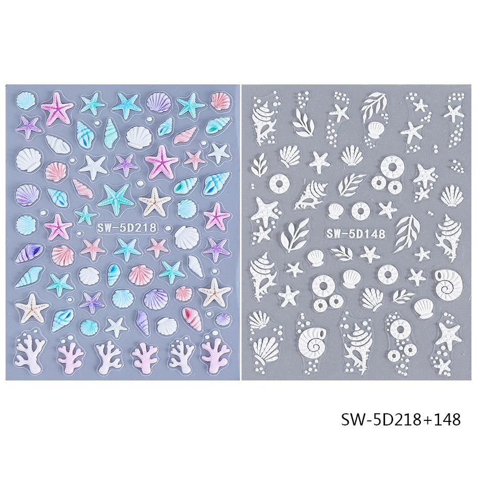 2pcs Ocean Animals Nail Art Stickers 5D Embossed Starfish Seashell Conch Coral Nail Decals DIY Summer Manicure Decoration Slider