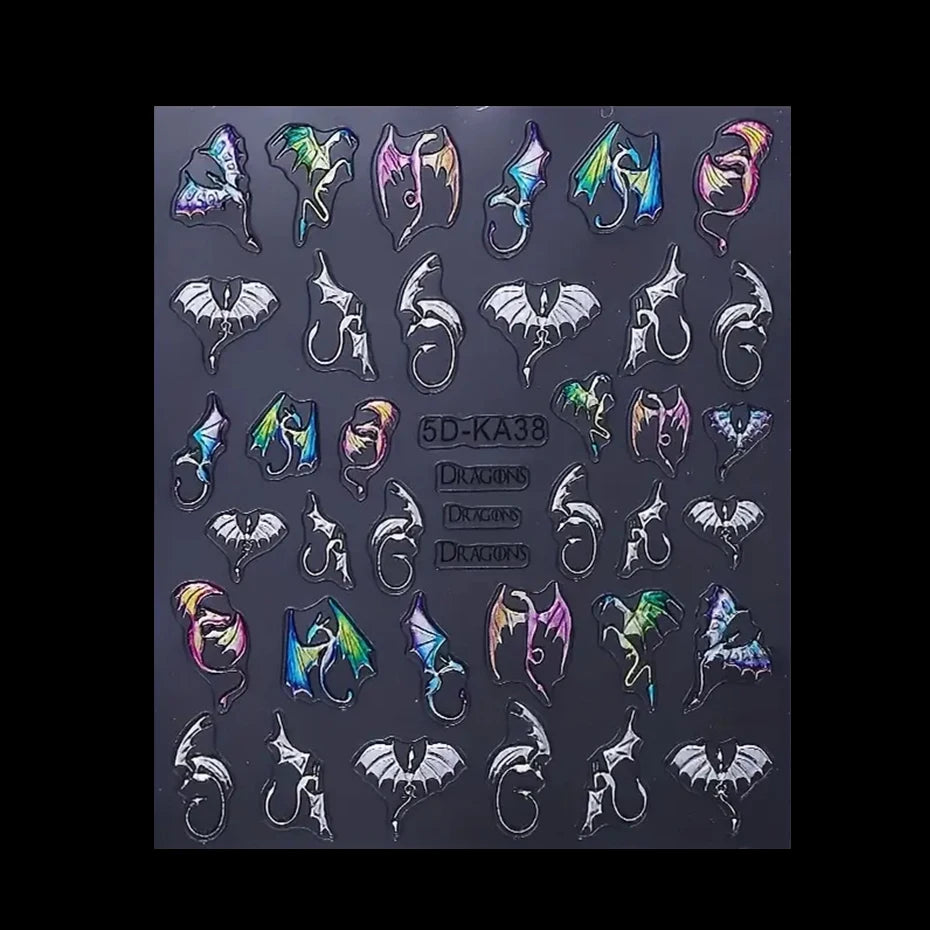Metallic Silver ChameleonDragon Nail Art Stickers Evil Bat Flying Dragon Designs Y2K Halloween Embossed Nail Decals Decoration