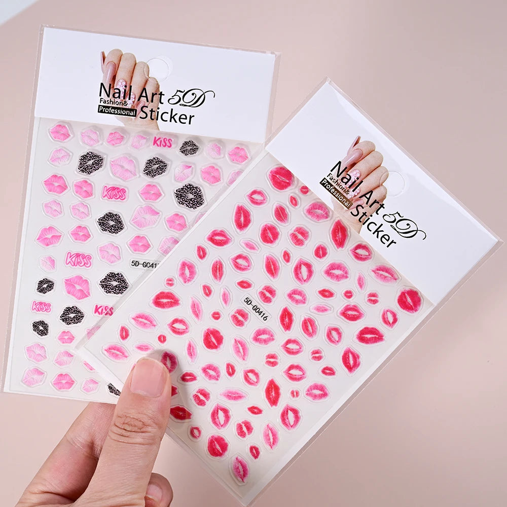2pcs Valentines 3D Red Lips Print Nail Art Stickers Pink Kisses Nail Decals Adhesive Slider Valentine's Day Manicure Accessories