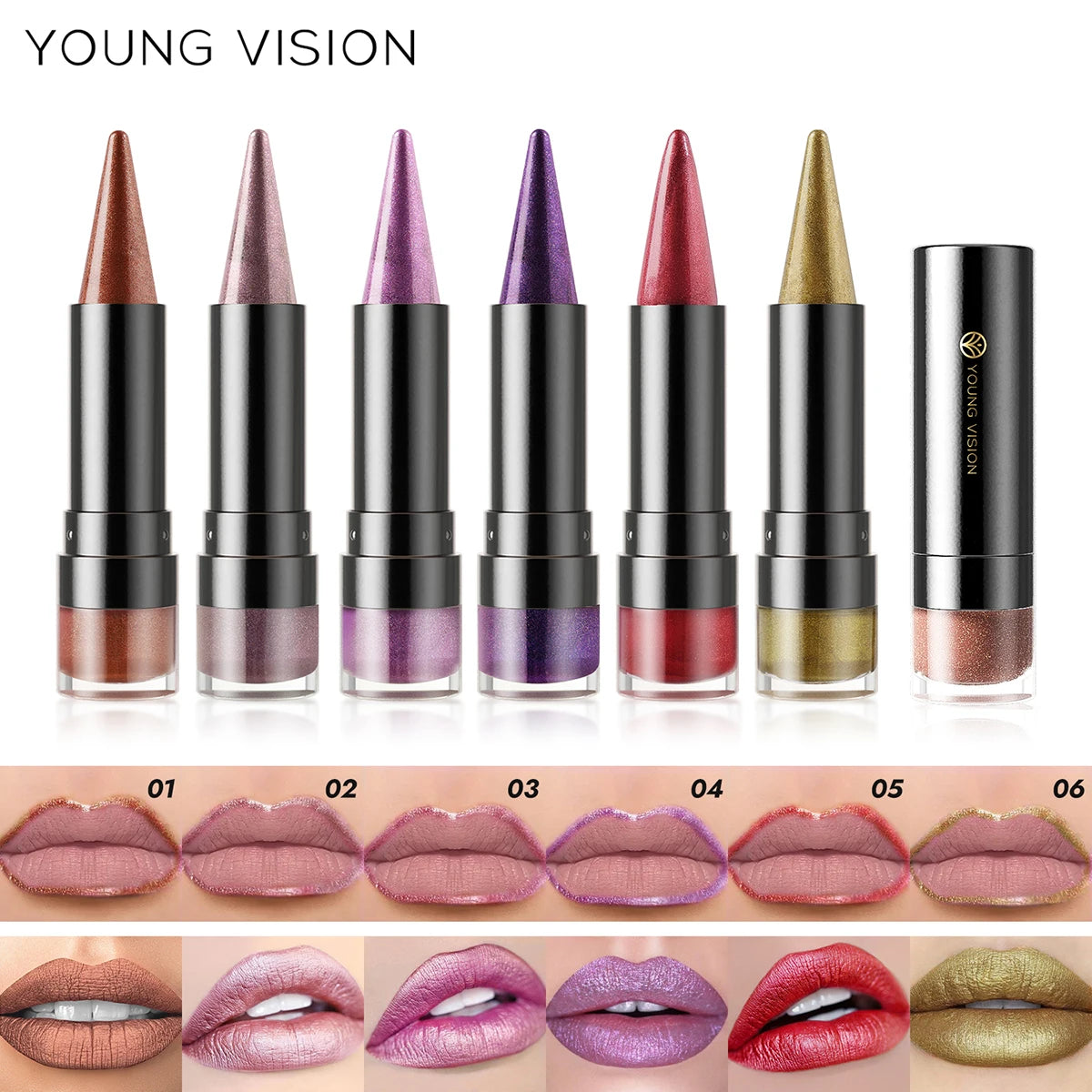 YOUNG VISION Dual-Finish Lipstick Pointed Tip 6 Colors Matte Pearl Shimmer Waterproof Kiss-Proof Non-Transfer