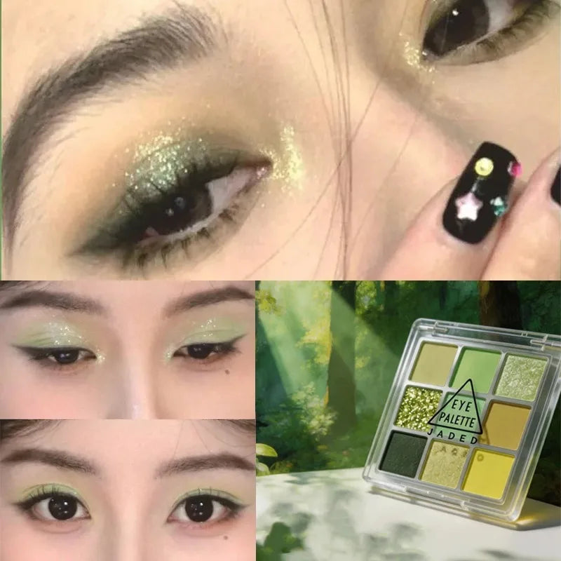 9 Color Mint Green Eyeshadow Palette Long Lasting Pearlescent Shimmer Matte Forest Look Eyeshadow Powder Eyes Makeup Cosmetics