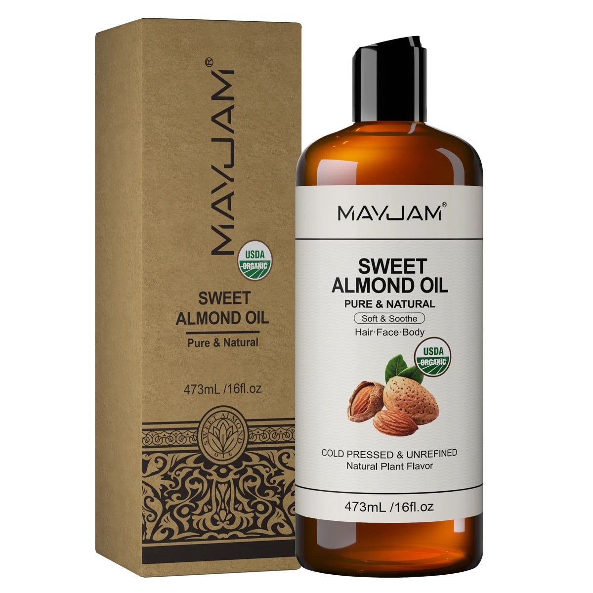 MAYJAM Pure Natural Moroccan Argan Oil Massage On Face, Hair, Body Sweet Almond Oil Cold Pressed USDA Certified 473ml Face Oil