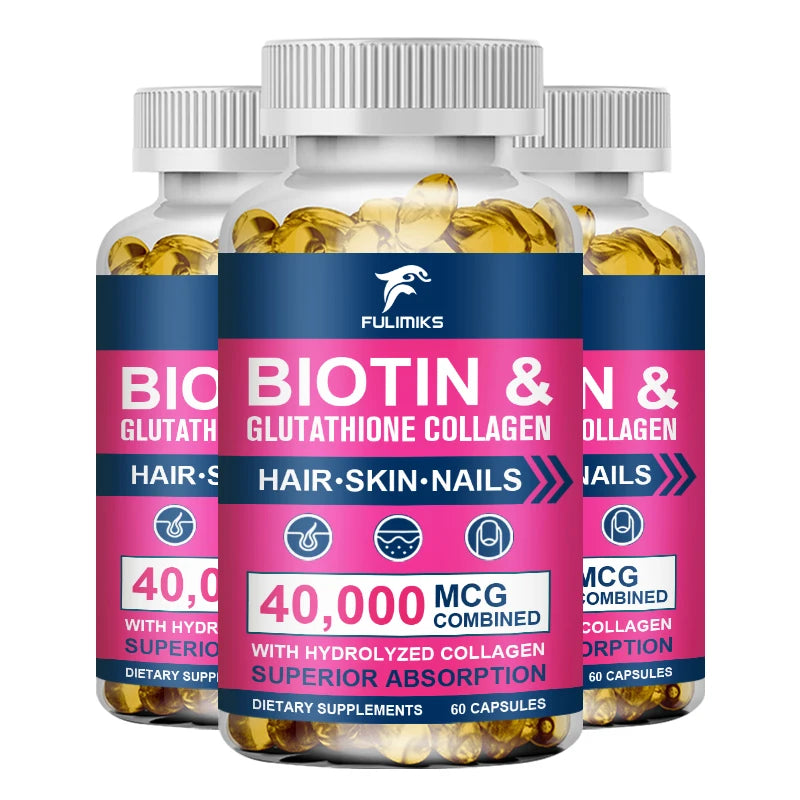 Biotin 40000mcg Combined Capsules, with Collagen & Glutathione, Promotes Hair, Skin, Nail Health & Natural Beauty Vitality