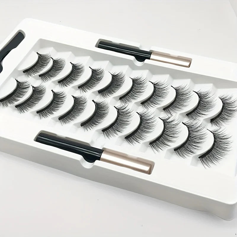 10Pairs Magnetic Lashes And Eyeliner Set Party Makeup Extension No Glue Required with Two Liquid Magnetic Eyeliners And Tweezers