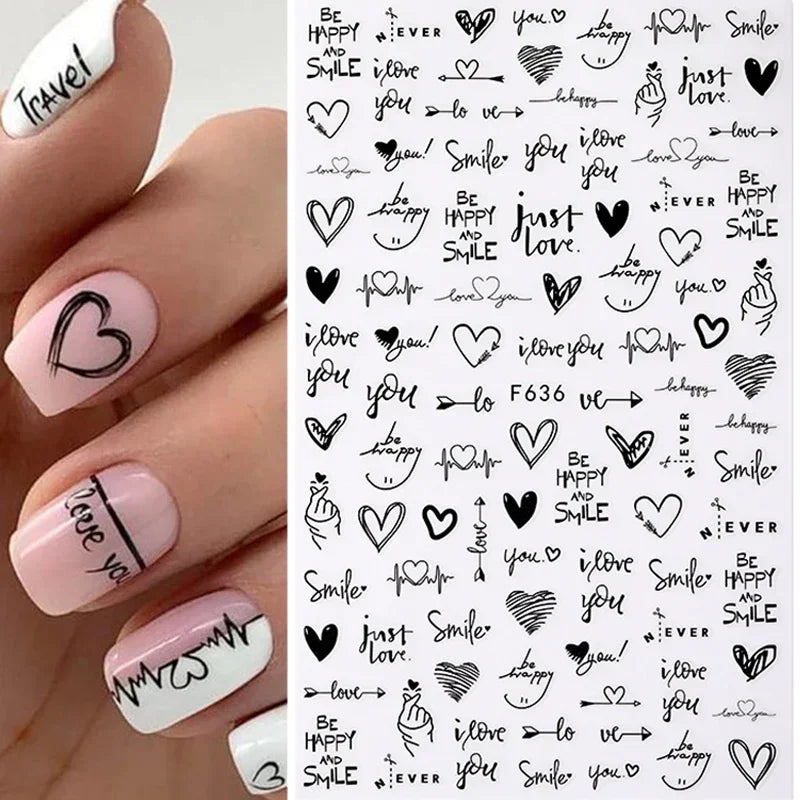 1PCS Black White Love Nail Stickers Letter Nail Design Flower Print Supplies Nail Art Decals Suitable For Women's Manicure