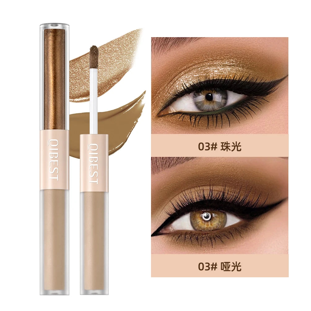 QIBEST Double-head Glitter Liquid Eyeshadow Contour Blush Pigment Silkworm Shimmer Matte Natural Cheek Shadow Cream Eyes Makeup