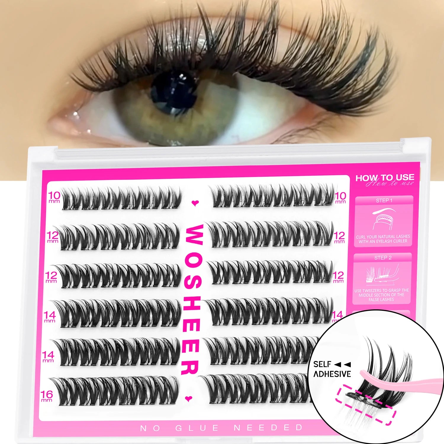 WOSHEER Self Adhesive Lash Clusters Pre Glued Eyelash Clusters No Glue Needed Lashes Wispy Eyelash Extensions Individual Lashes