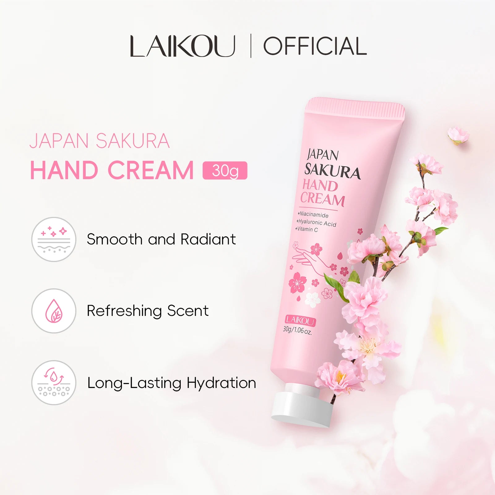 LAIKOU Japan Sakura Hand Cream Hydrating Hand Moisturizer Smoothing Radiant Treatment Refreshing Scent Hand Balm