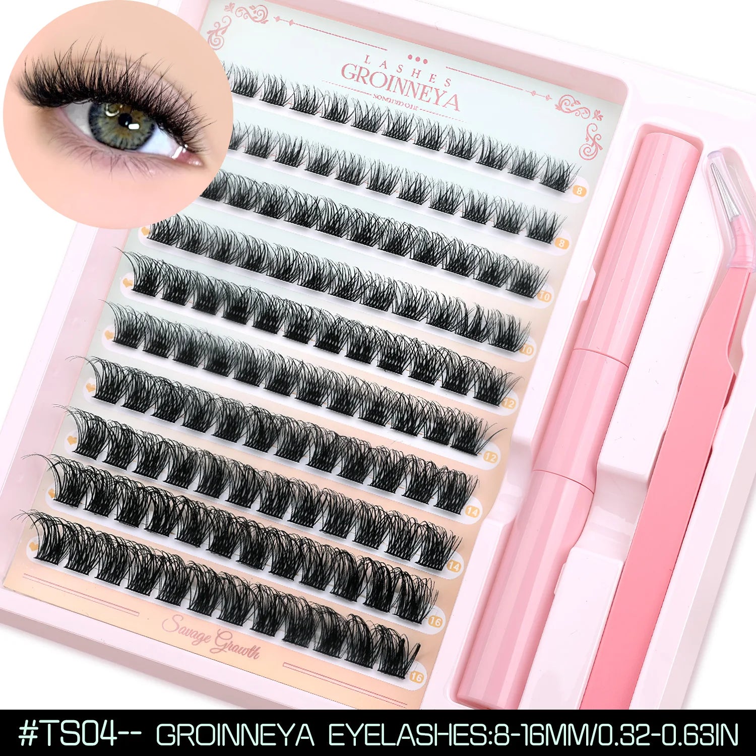 GROINNEYA Fluffy Lash Clusters Kit With Waterproof Strong Hold DIY Lash Extension Kit Lash Bond & Seal & Eyelash Tweezers Makeup