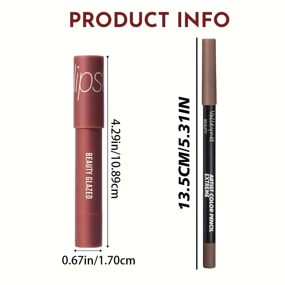 2pcs Matte Lip Liner & Gloss Set - Long-Lasting Waterproof, Non-Stick Formula with Precision Tip, Matte Lip Pencil & Gloss Combo