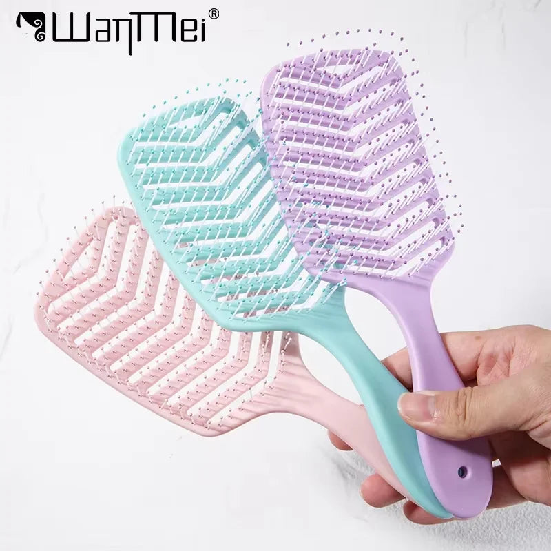 1PCS V-Shape Detangling Hair Brush with Hollow Nylon Bristles Wide Teeth Portable Soft Anti-Static Styling Tool for Curly Hair