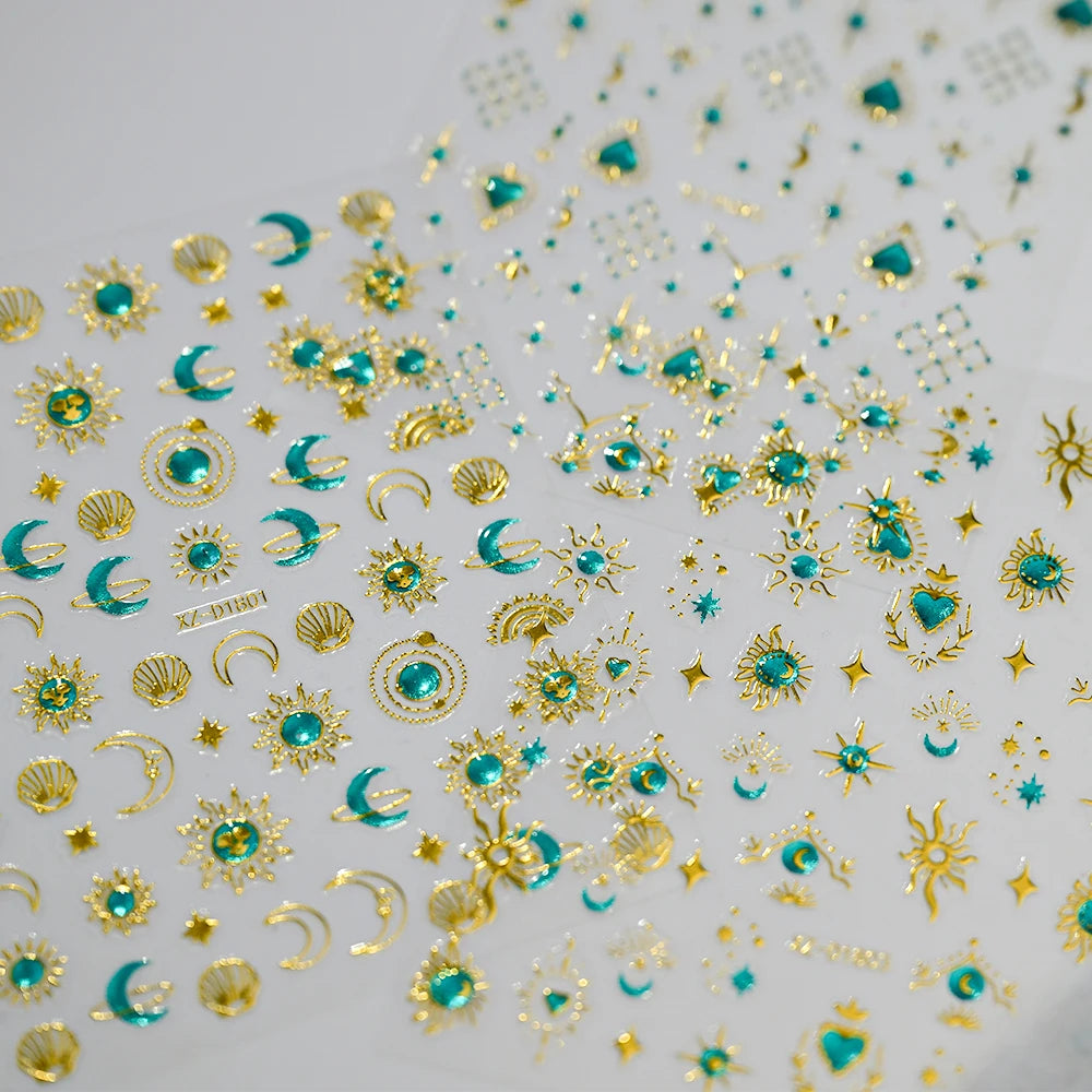 5D Gold Snake Star Moon Nail Art Stickers Lake Blue Gem Love Heart Nail Decal Y2 Holographic Metal Evil Eye Bohemian Nail Slider