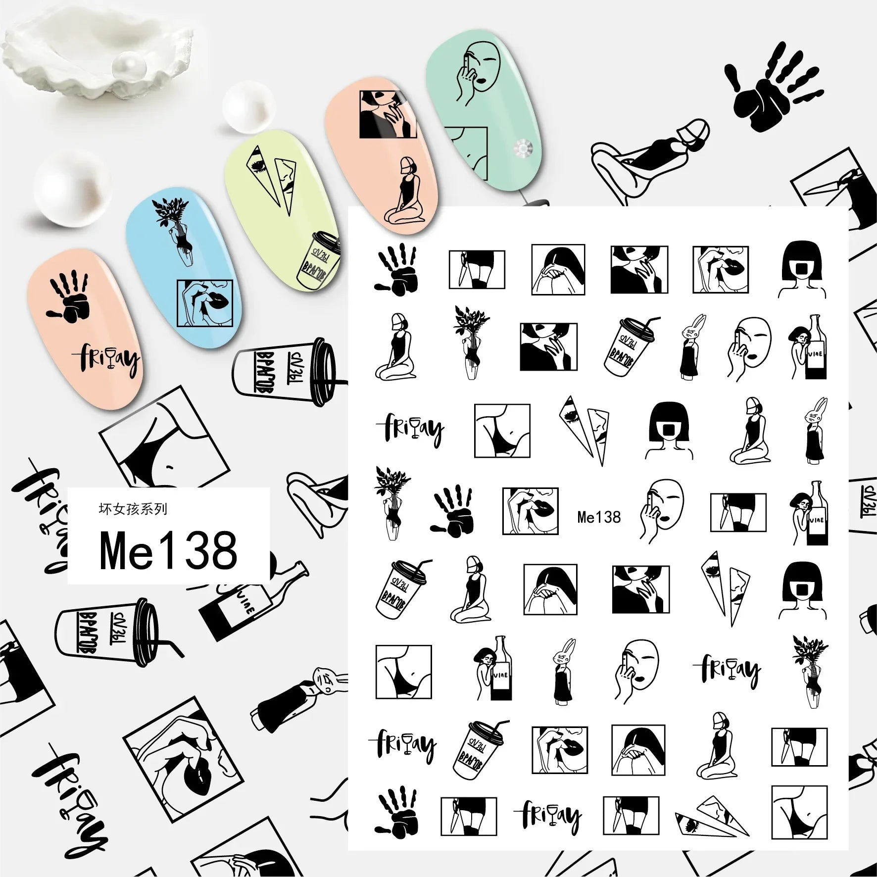 1PCS Black White Love Nail Stickers Letter Nail Design Flower Print Supplies Nail Art Decals Suitable For Women's Manicure
