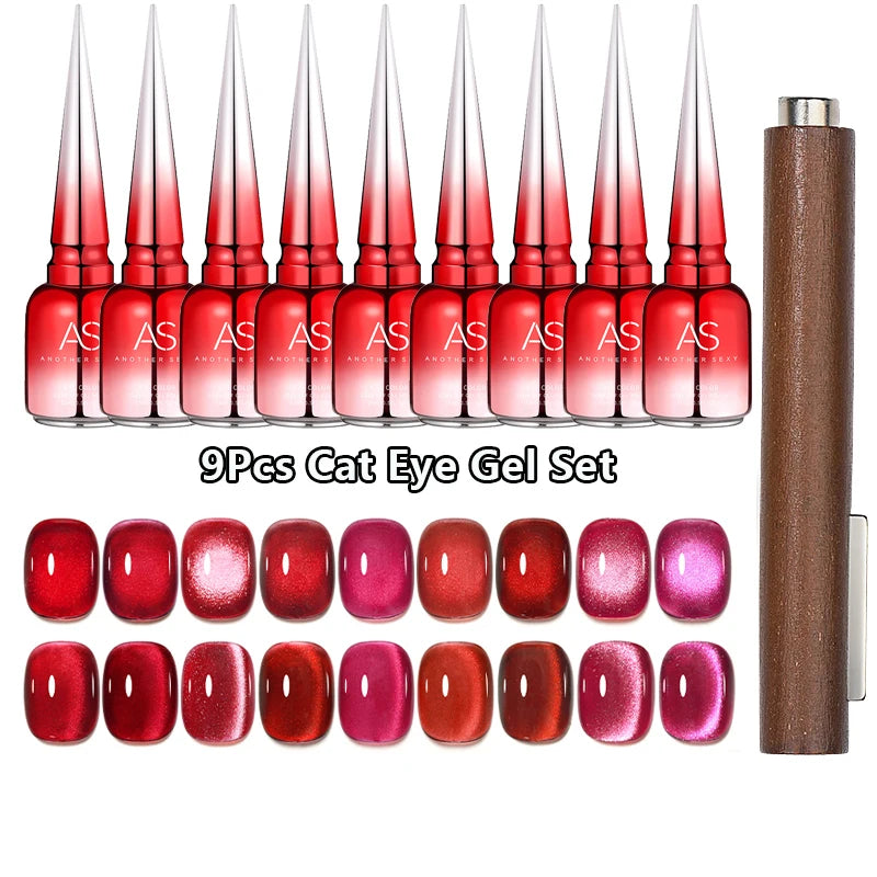 AS 9pcs Cat Eye Magnetic Moonlight Gel Nail Polish Set 15ml Sparkle White Silver Water Light Red UV Gel Nail Art Manicure Vernis