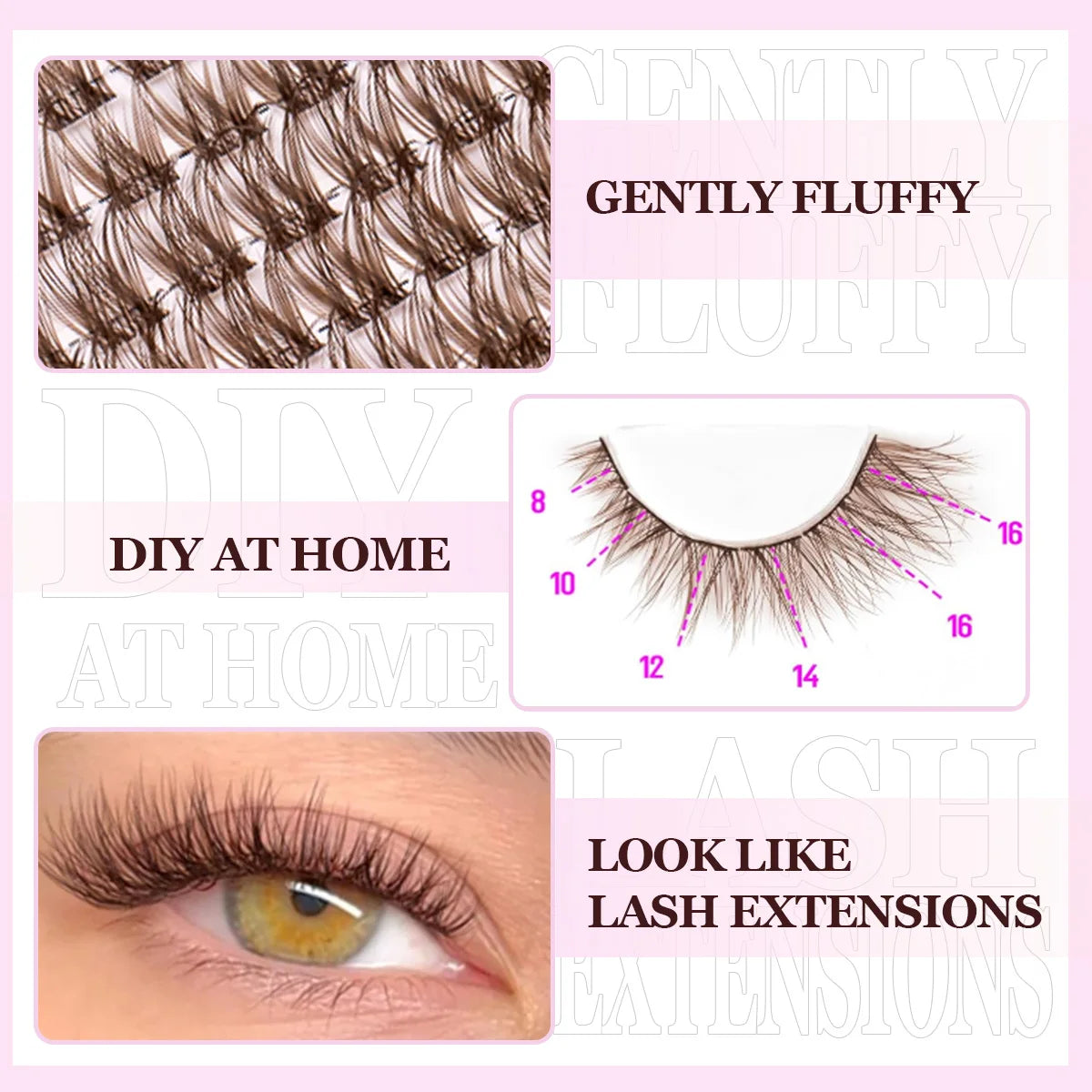 Eyelash Extension Kit DIY Brown Lash Clusters Cosplay Natural Individual Lashes Kit Strong Hold with Lash Bond & Seal Tweezers