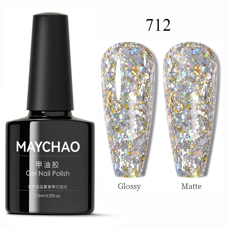 MAYCHAO Glitter Gel Nail Polish 7.3ml Semi-permanent Sequins Shiny Gel Base Top Coat Soak Off UV LED Varnish Nail Art Decoration