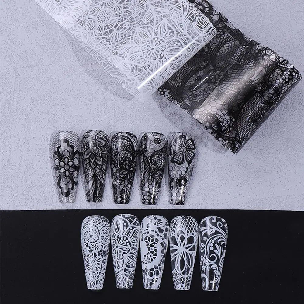 10 Rolls Black/White Lace Foil Transfer Nail Stickers Starry Sky Lace Flowers Nail Foils Stickers Lace  Nails Decoration 4*50CM