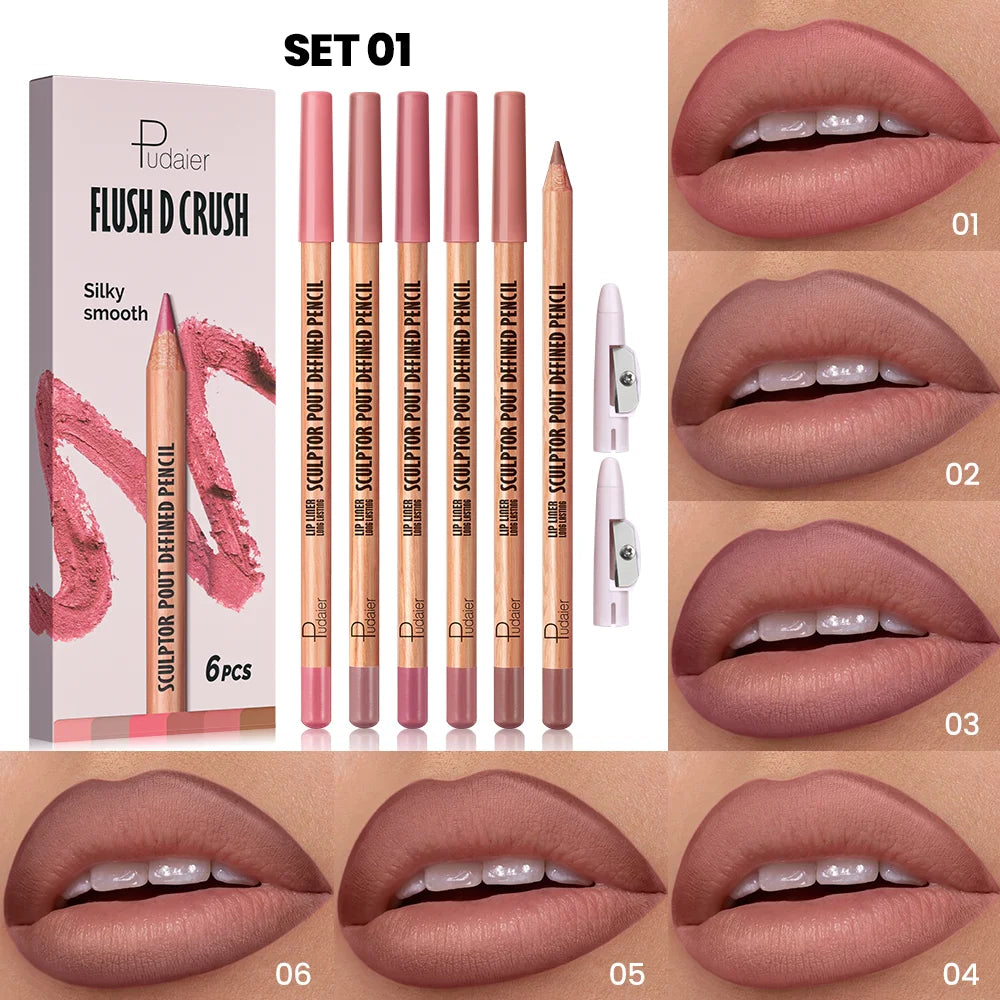 6pcs Berry Purple Lip Liner Pencil Set Velvet Matte Wooden Lipliner Lipstick Pencil Long-Lasting Pink Brown Lip Contour Pencil