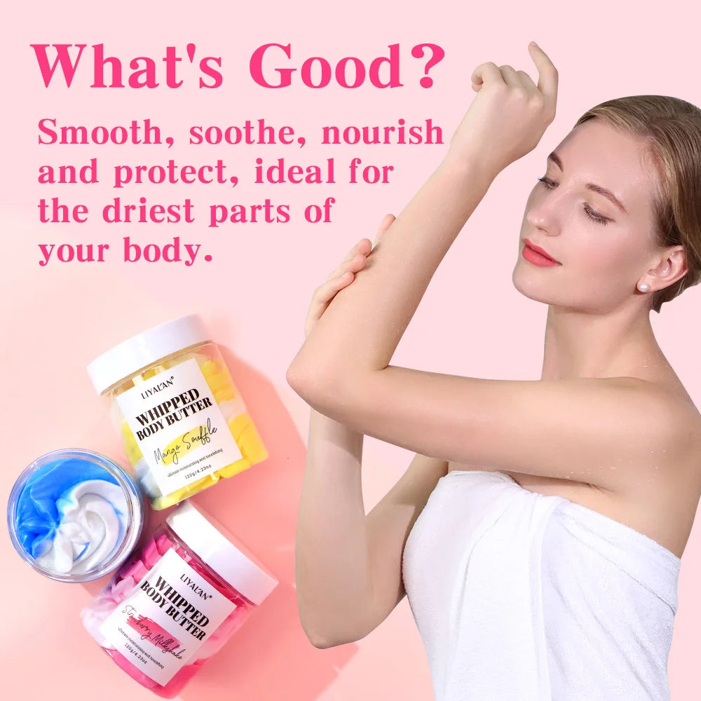 Multicolor Whipped Body Butter Coconut Oil Jojoba Oil Nourishing Hydration Cream Vegan Vanilla Mango Strawberry Body Lotion