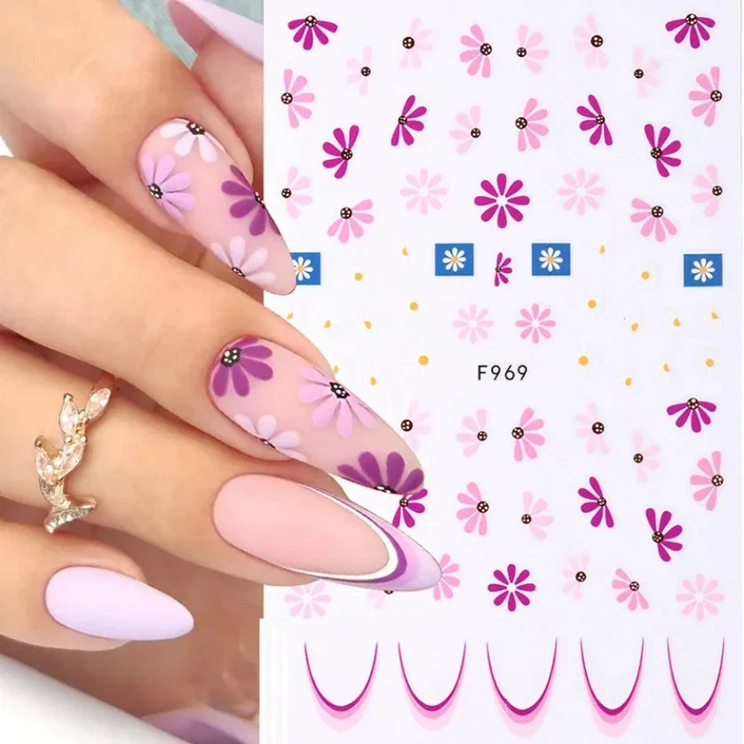 3D Flower Petal Nail Stickers Purple Pink Tulip Leaf Clover Summer Avocado Fruit Geometric Line Floral Manicure Decoration