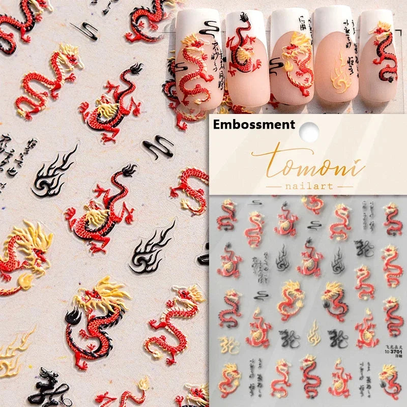 5D Kawaii Ink Wash Fairy Fox Dragon Loong Nail Art Stickers Cartoon Star Animals Backglue Nail Decoration Decals Accessories
