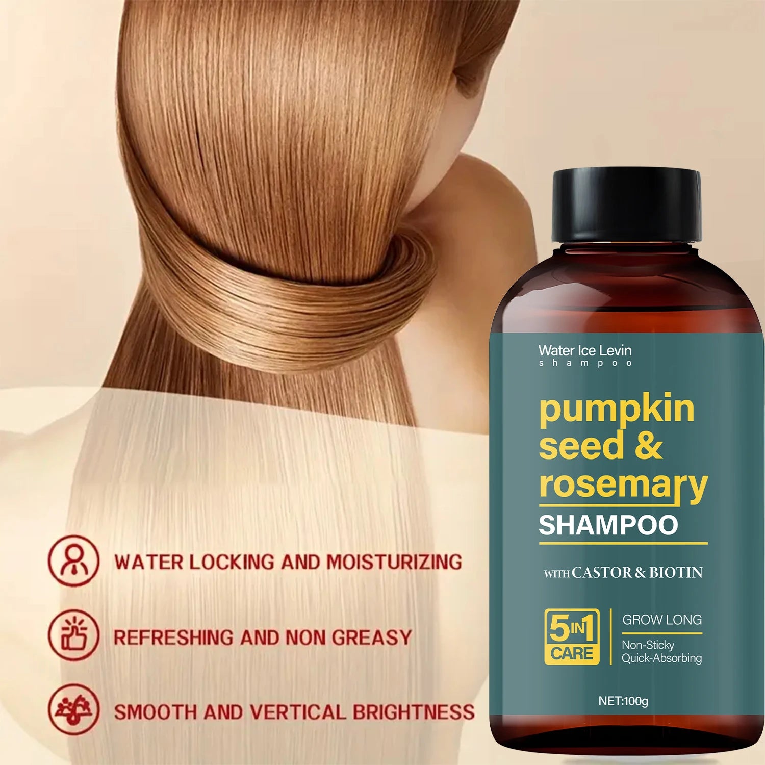 Water Ice Levin Pumpkin Seed & Rosemary Shampoo with Castor Oil & Biotin for Hair Growth, 5M Care, Non-Sticky Formula