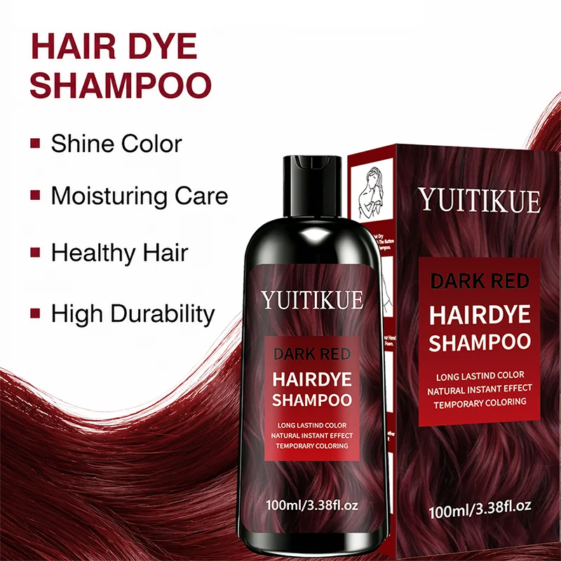YUITIKUE Dark Red Hair Dye Shampoo 100ml Instant Temporary Coloring Long‑Lasting Vibrant Color Moisturizing Hair Color Shampoo