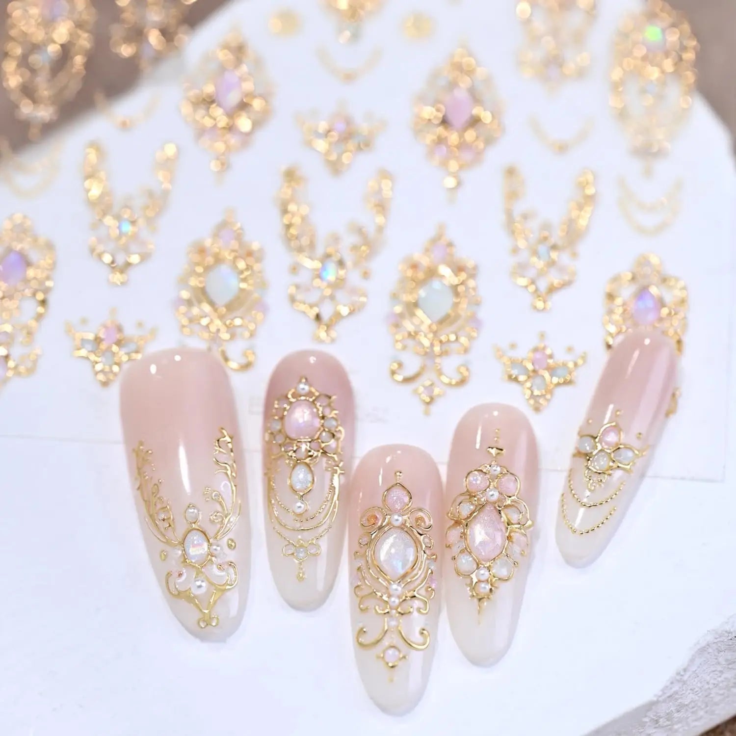 5D Luxury Gold Scepter Nail Art Stickers Gorgeous Gemstone Elegant Courtly Pattern Deca Necklace Frame Self Adhesive Nail Sticke
