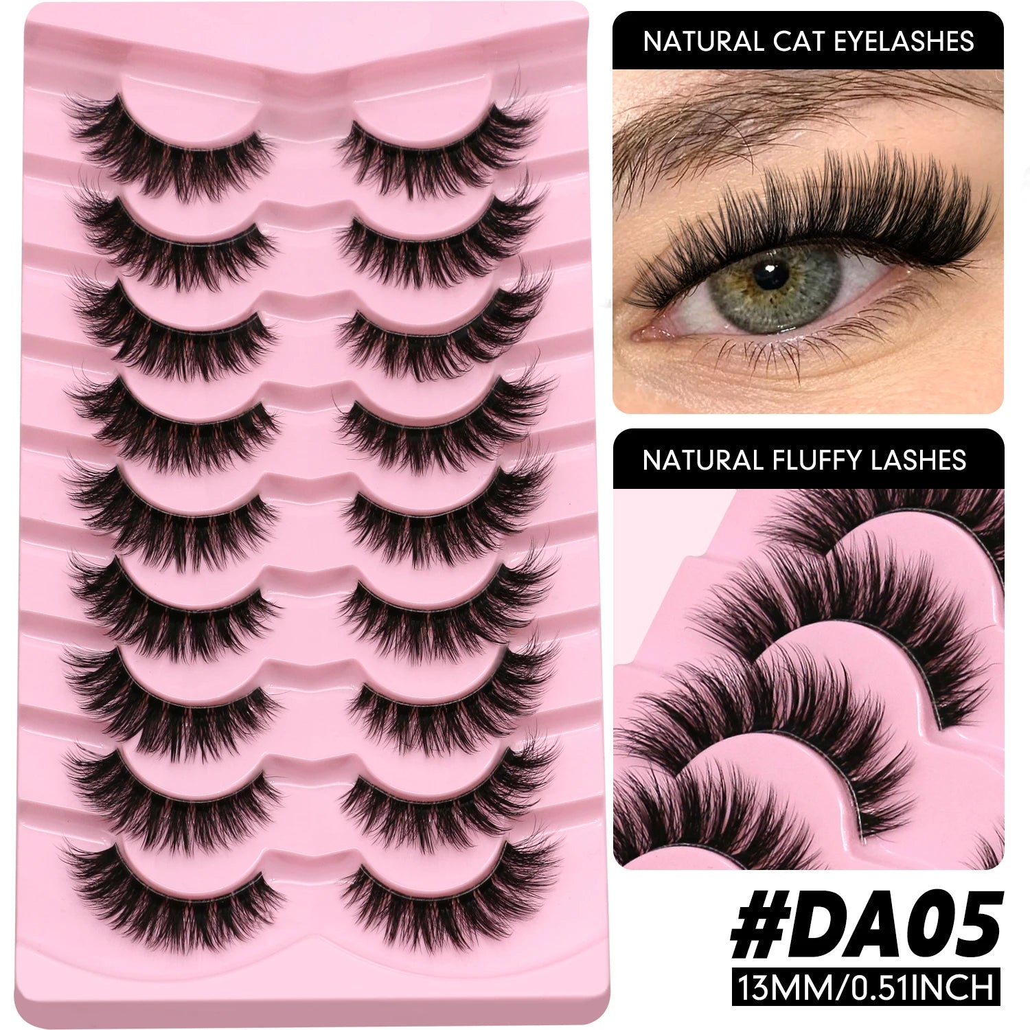 LASVIREY Fluffy Cat Eye Lashes Natural Mink Lashes Clear Band Natural Fluffy D Curl  Lashes Extension Full Strip False Eyelashes