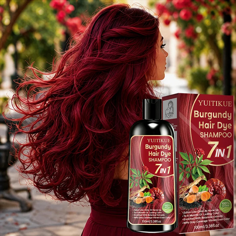 Burgundy Hair Dye Shampoo 7 In 1 Natural Plant Extract Cover Gray Hair Long Lasting Vibrant At Home Hair Color Care Shampoo